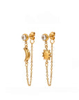 Gold earrings with chain details on a white background