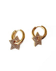 Gold hoop earrings with star-shaped pendants on a white background