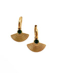 Gold fan-shaped earrings with green gemstones on a white background