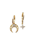Gold hoop earrings with crescent moon and star designs on a white background