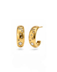 Gold hoop earrings with embedded stones on a white background