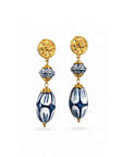 Pair of gold and blue earrings on a white background
