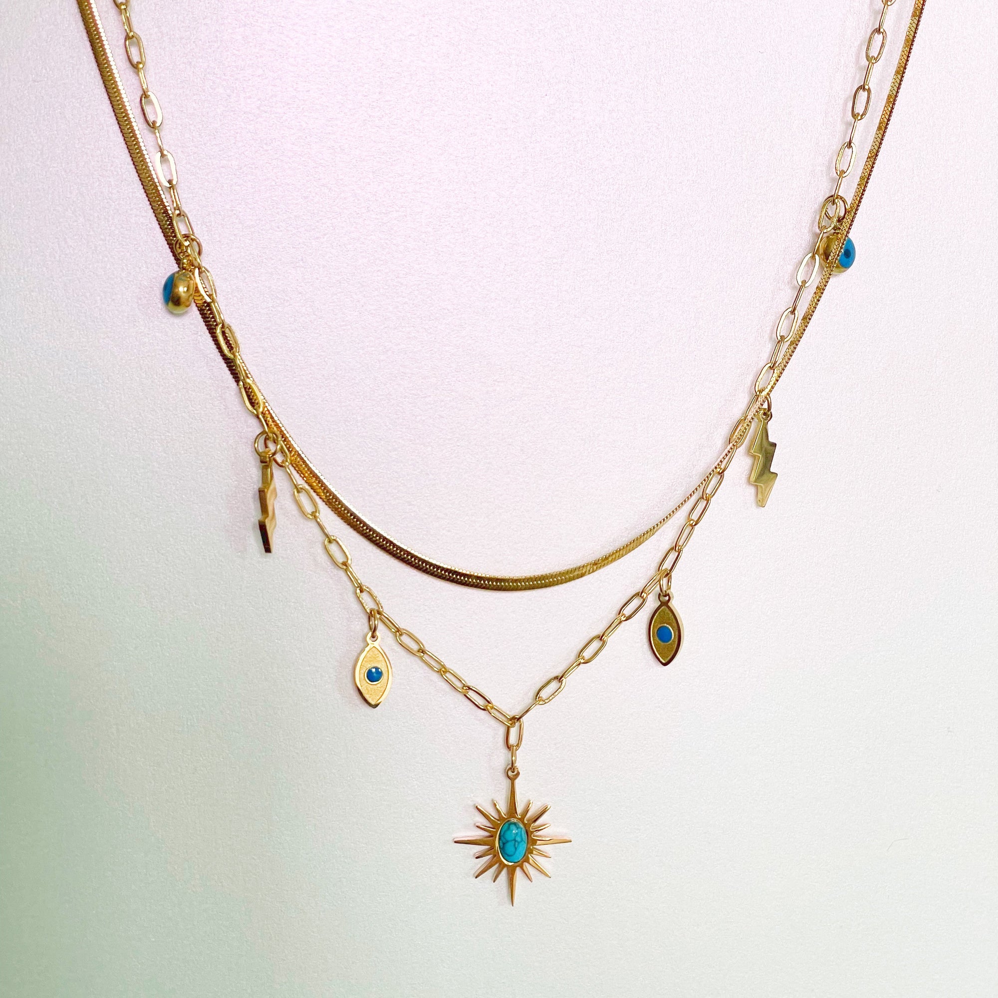 Golden Charm Necklace & Turquoise Hoop Earrings Set