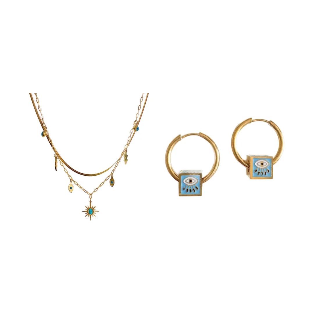 Golden Charm Necklace & Turquoise Hoop Earrings Set