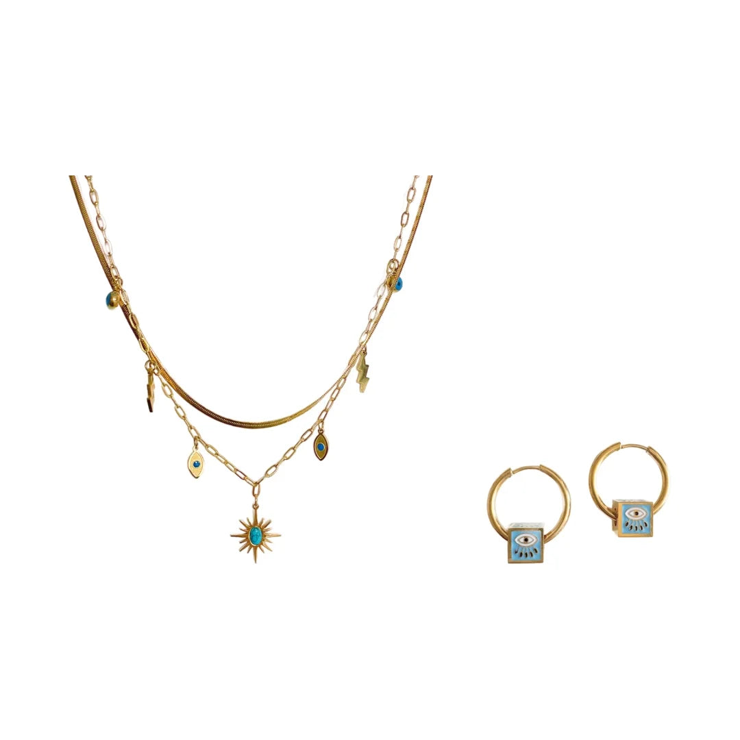 Golden Charm Necklace & Turquoise Hoop Earrings Set