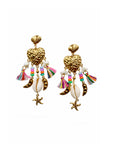 Pair of gold earrings with colorful beads and shell elements on a white background