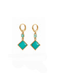 Pair of turquoise earrings with gold hooks on a white background