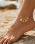 Ocean Luxe 18k Gold Plated Pearl Anklet with Starfish And Shell Charms