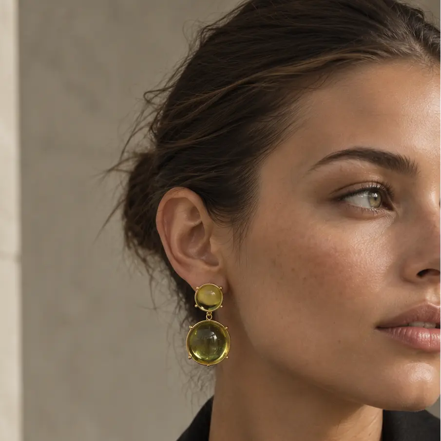 A close-up of a woman wearing a pair of gold drop earrings with round yellow-green gemstones, paired with a black blazer.