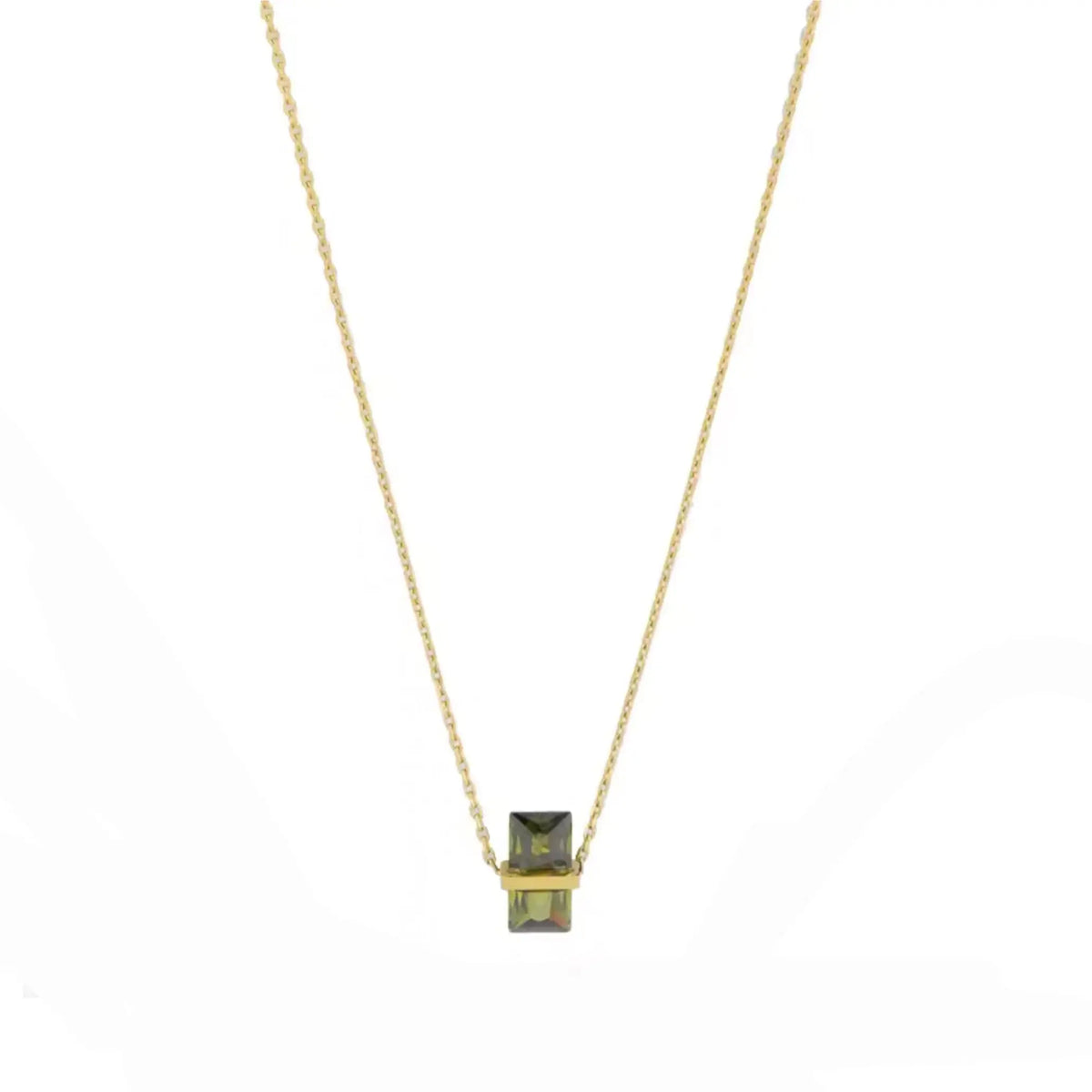A delicate gold chain necklace featuring a small square pendant with a dark green stone and a gold bezel setting, displayed against a solid white background.