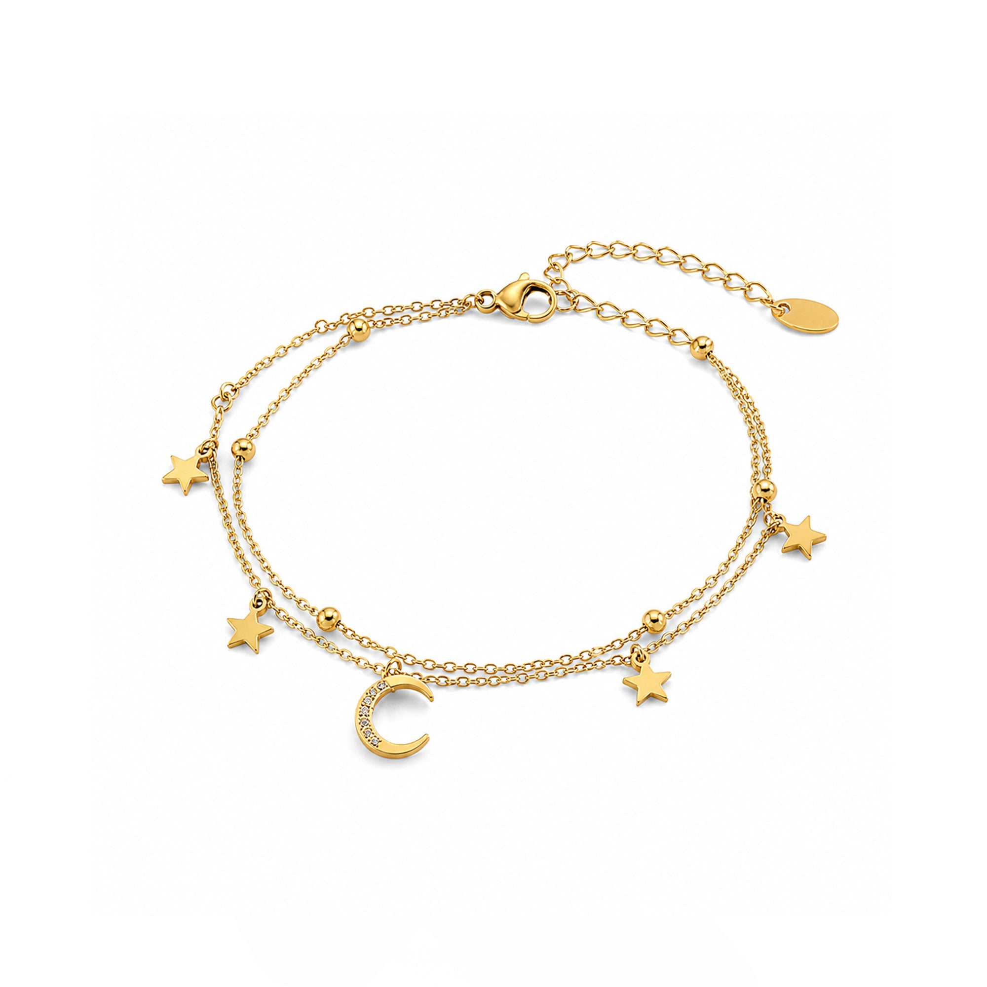 Gold bracelet with star and moon charms on a white background