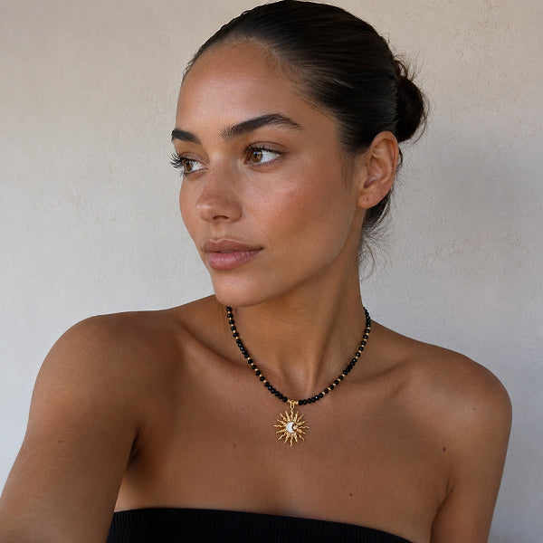 Riri Black Beaded Boho Celestial Pendant Necklace LUXE TONES