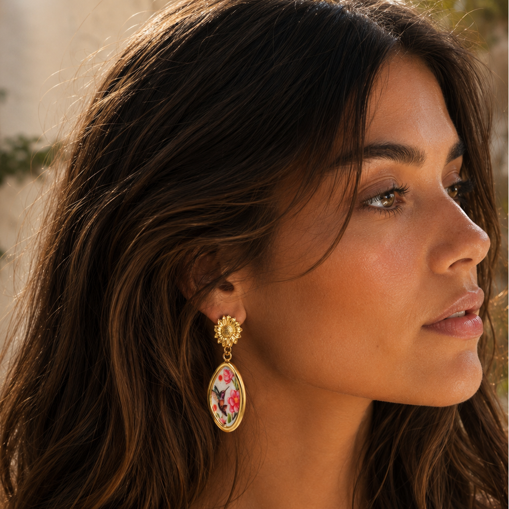 Close-up of a woman wearing floral earrings outdoors