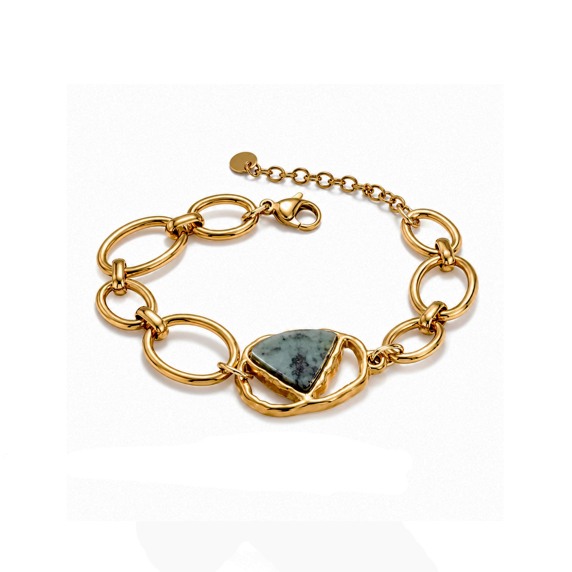 A gold chain bracelet featuring a central triangular stone inlay with blue, gray, and white marbled patterns, set against a plain white background.