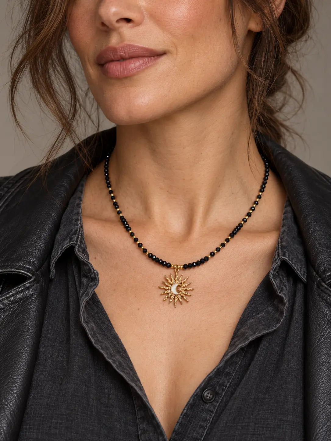 Riri Black Beaded Boho Celestial Pendant Necklace LUXE TONES