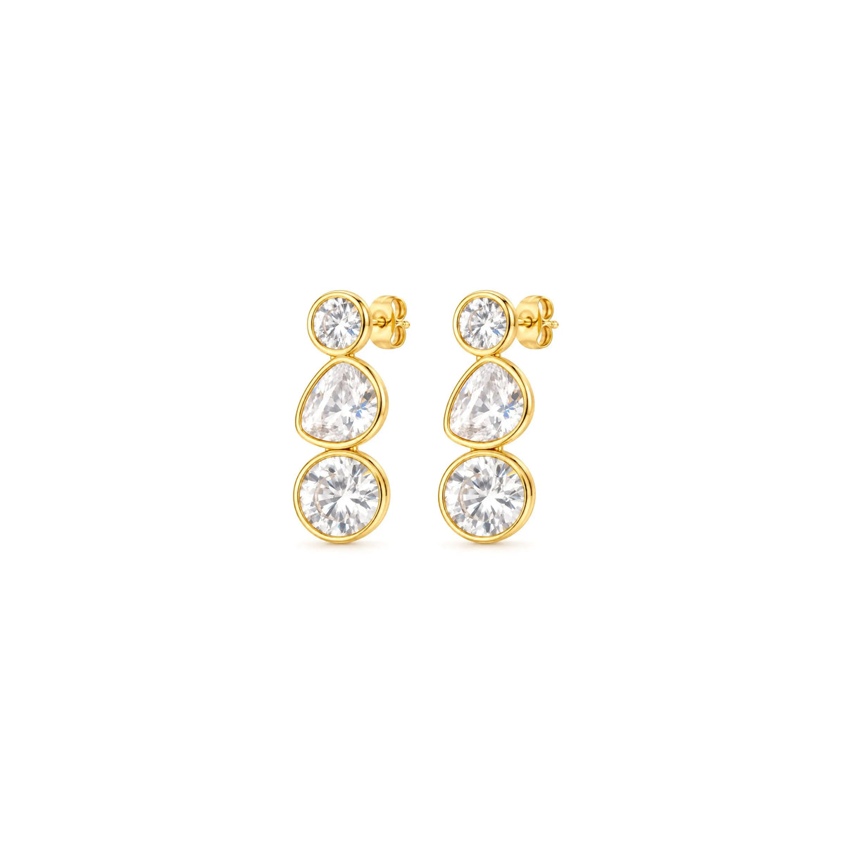 A pair of gold drop earrings featuring three clear teardrop-shaped gemstones in bezel settings, shown on a plain white background.