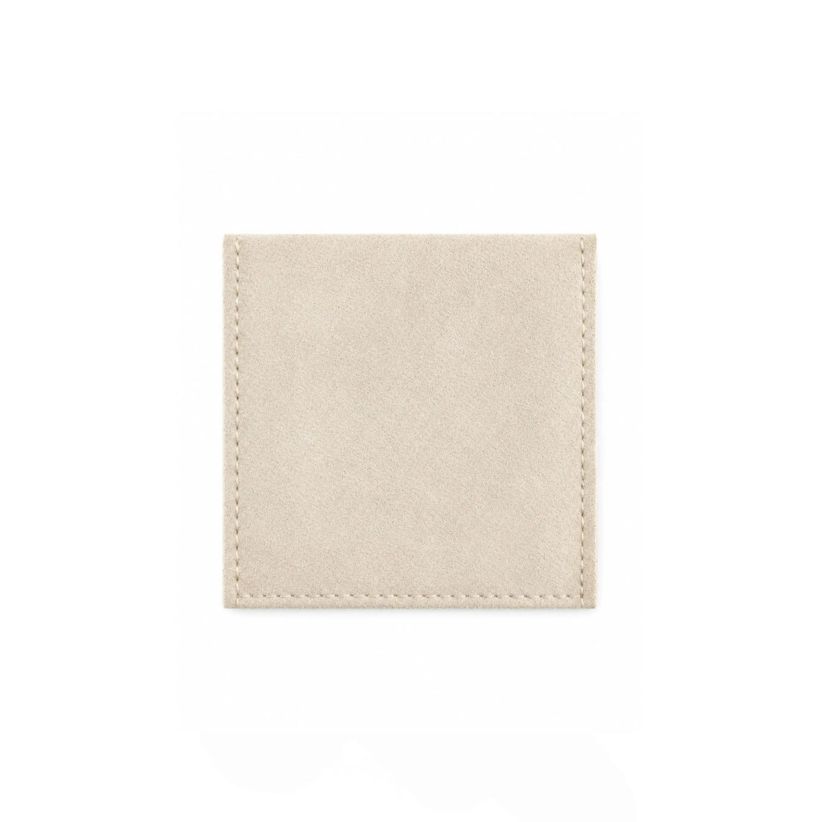 A square beige leather card holder or wallet with a stitched border, centered on a plain white background.