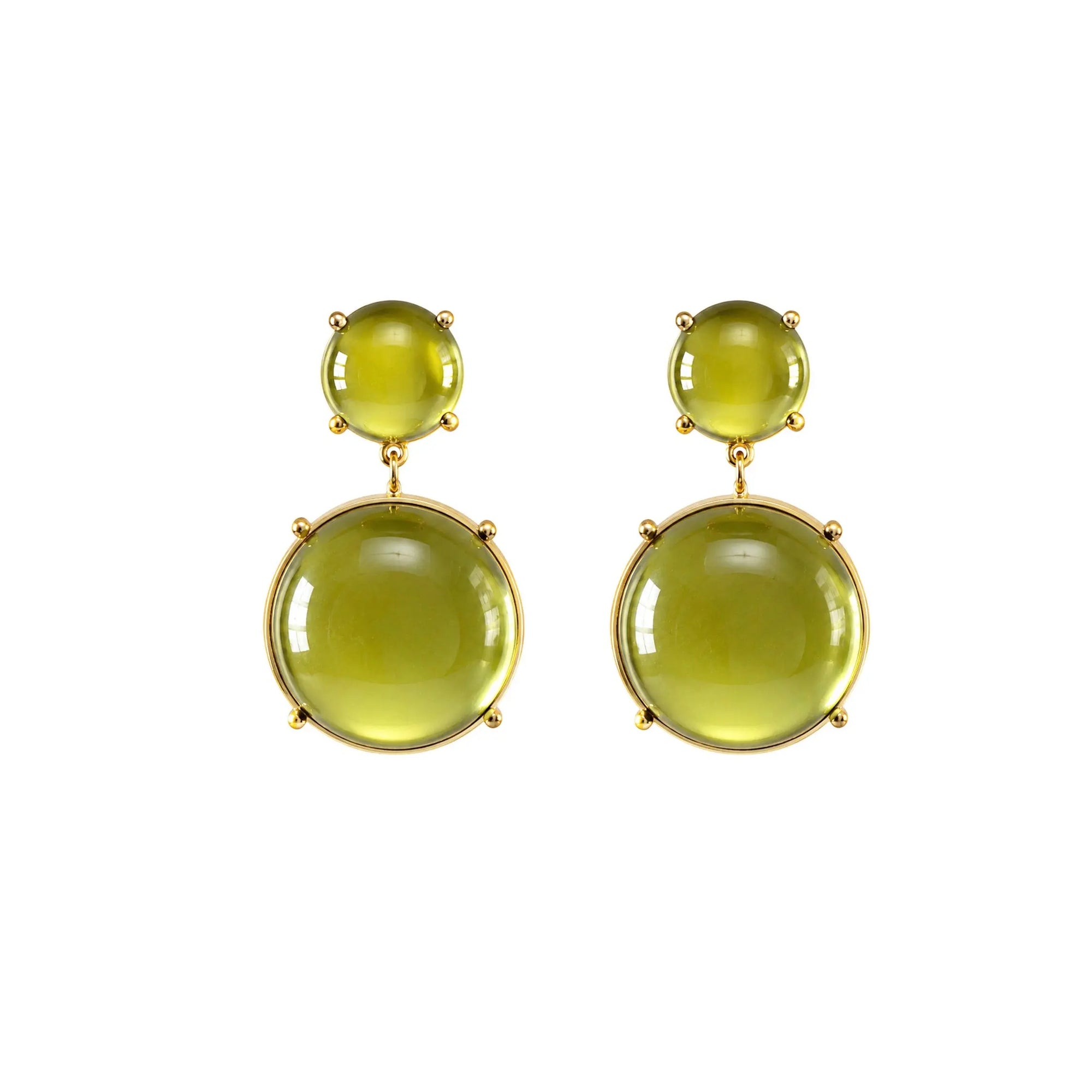 A pair of gold drop earrings featuring a small oval green gemstone above a larger round green cabochon stone, set against a plain white background.