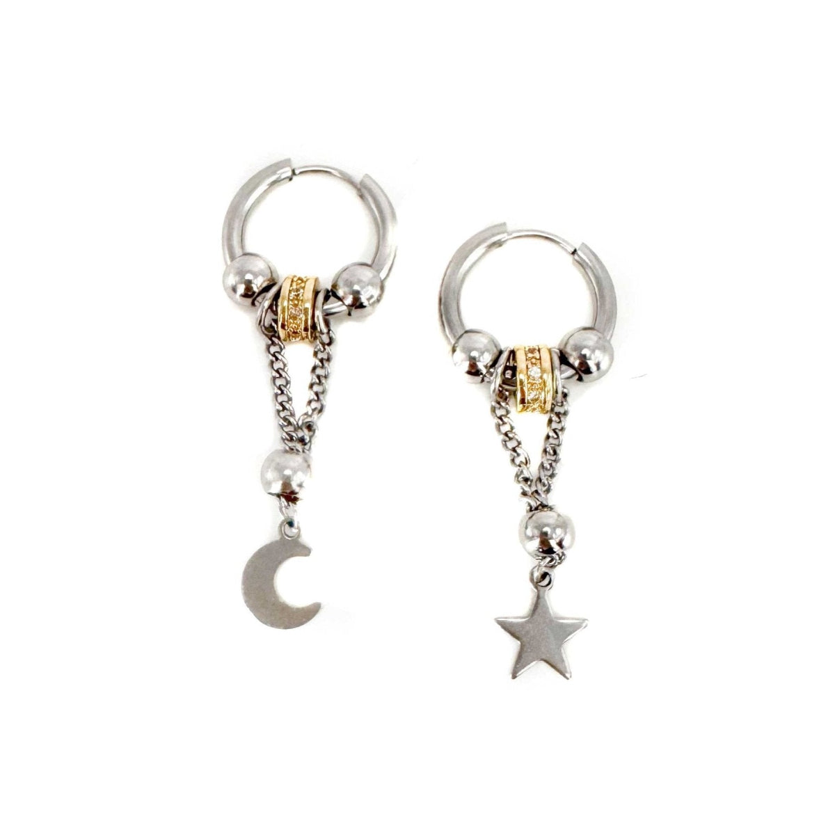 A pair of silver hoop earrings with one earring featuring a crescent moon charm and the other with a star charm, suspended from delicate chains.