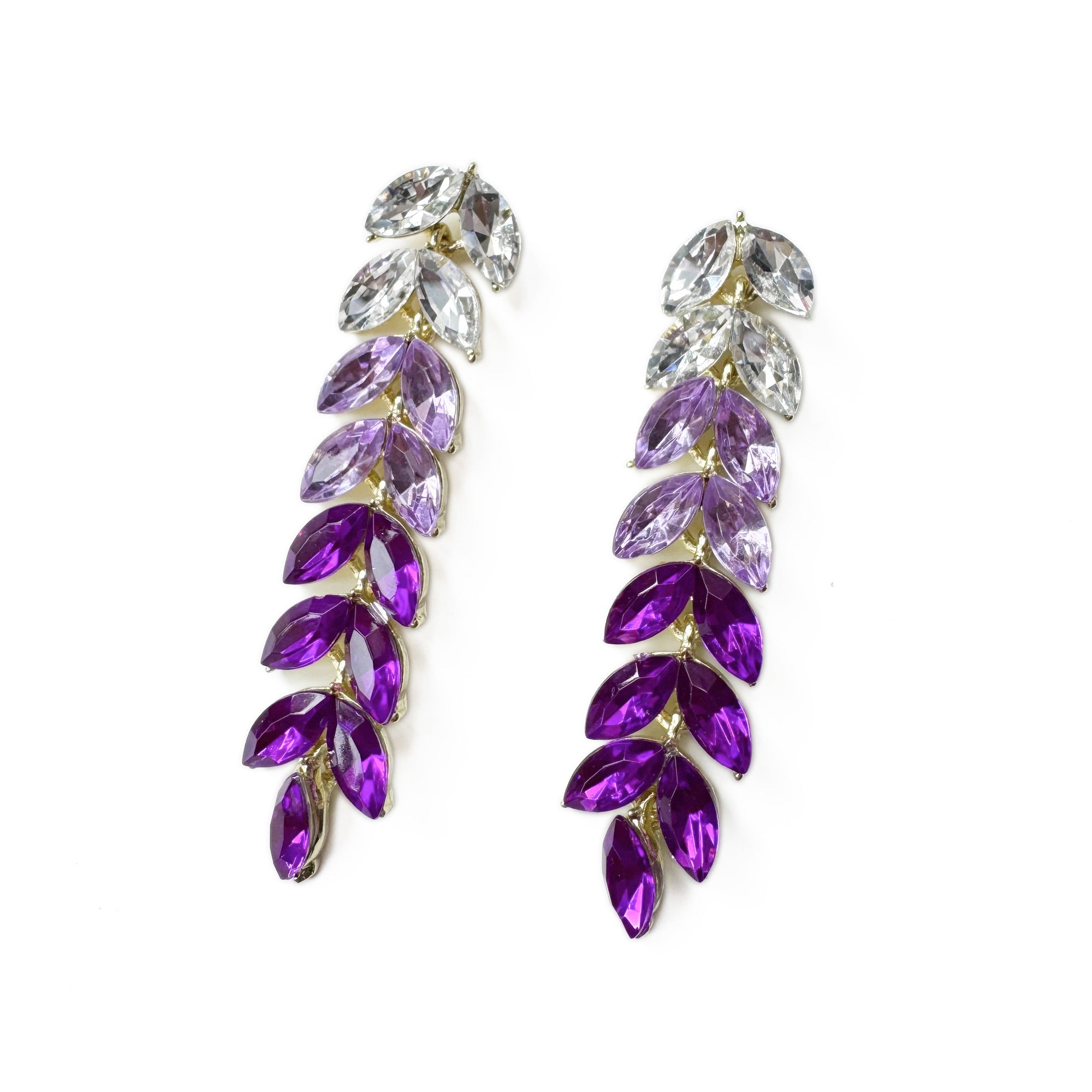Purple and clear leaf-shaped earrings on a white background