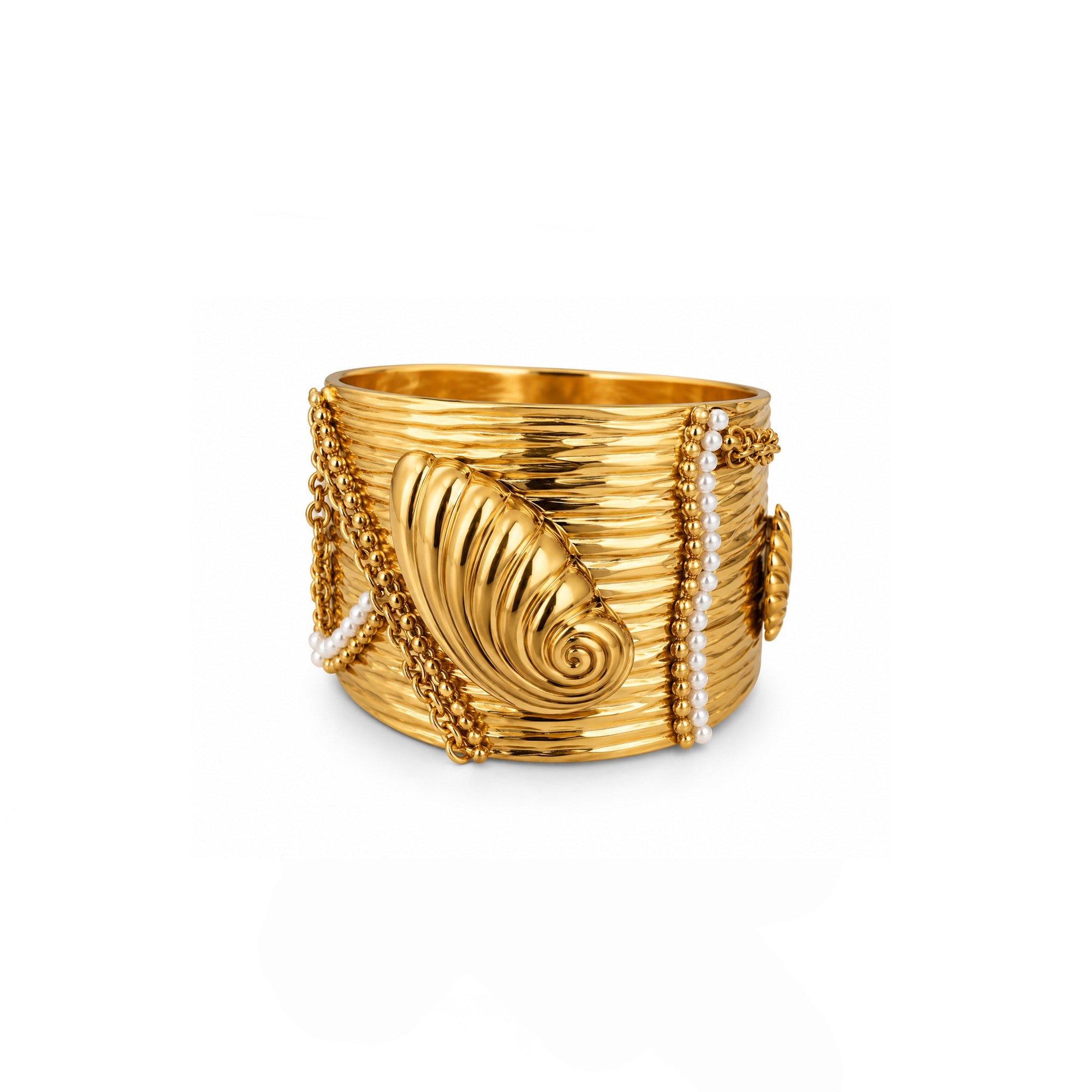 Gold bracelet with leaf design on a white background