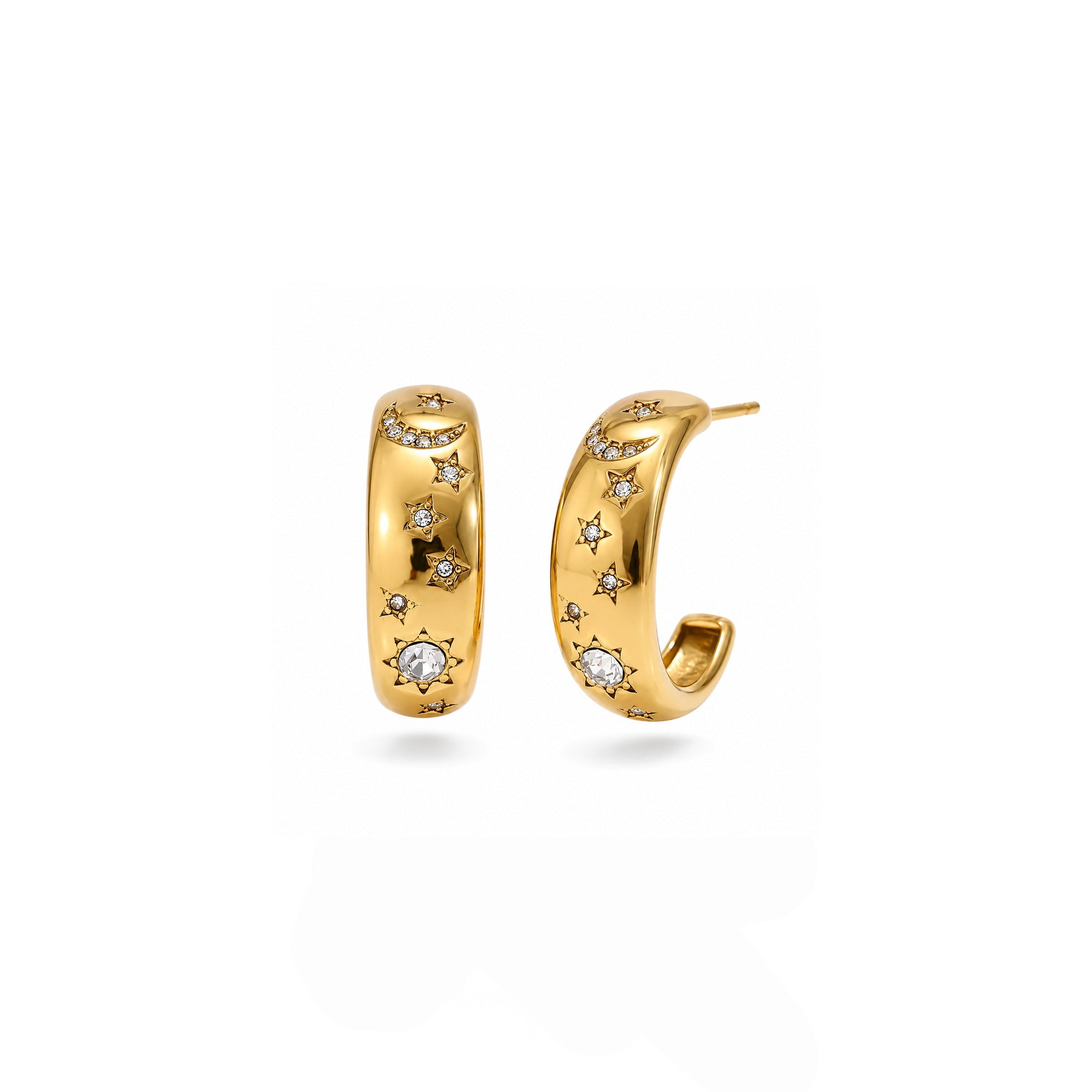 Gold hoop earrings with embedded stones on a white background