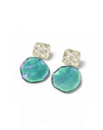 Pair of earrings with green and clear gemstones on a white background