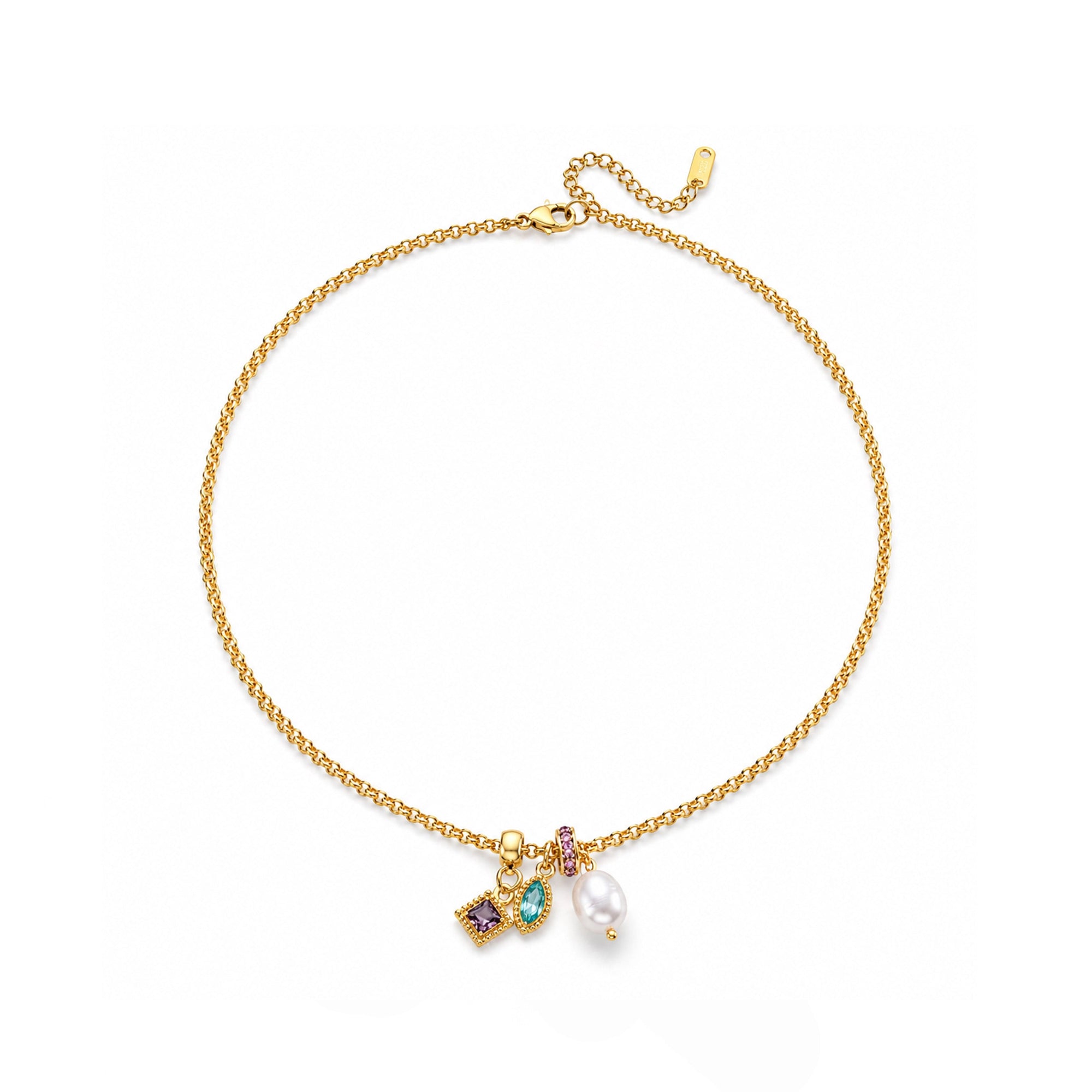 Gold bracelet with charms on a white background