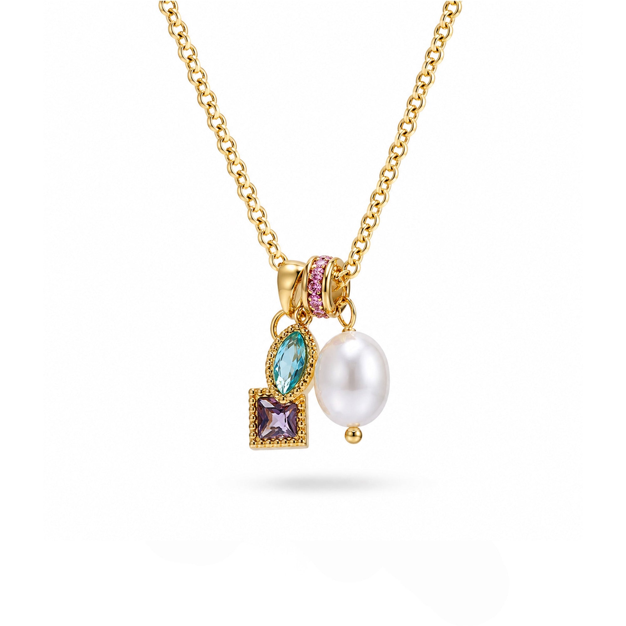 Gold necklace with a pearl pendant and colorful gemstones on a white background