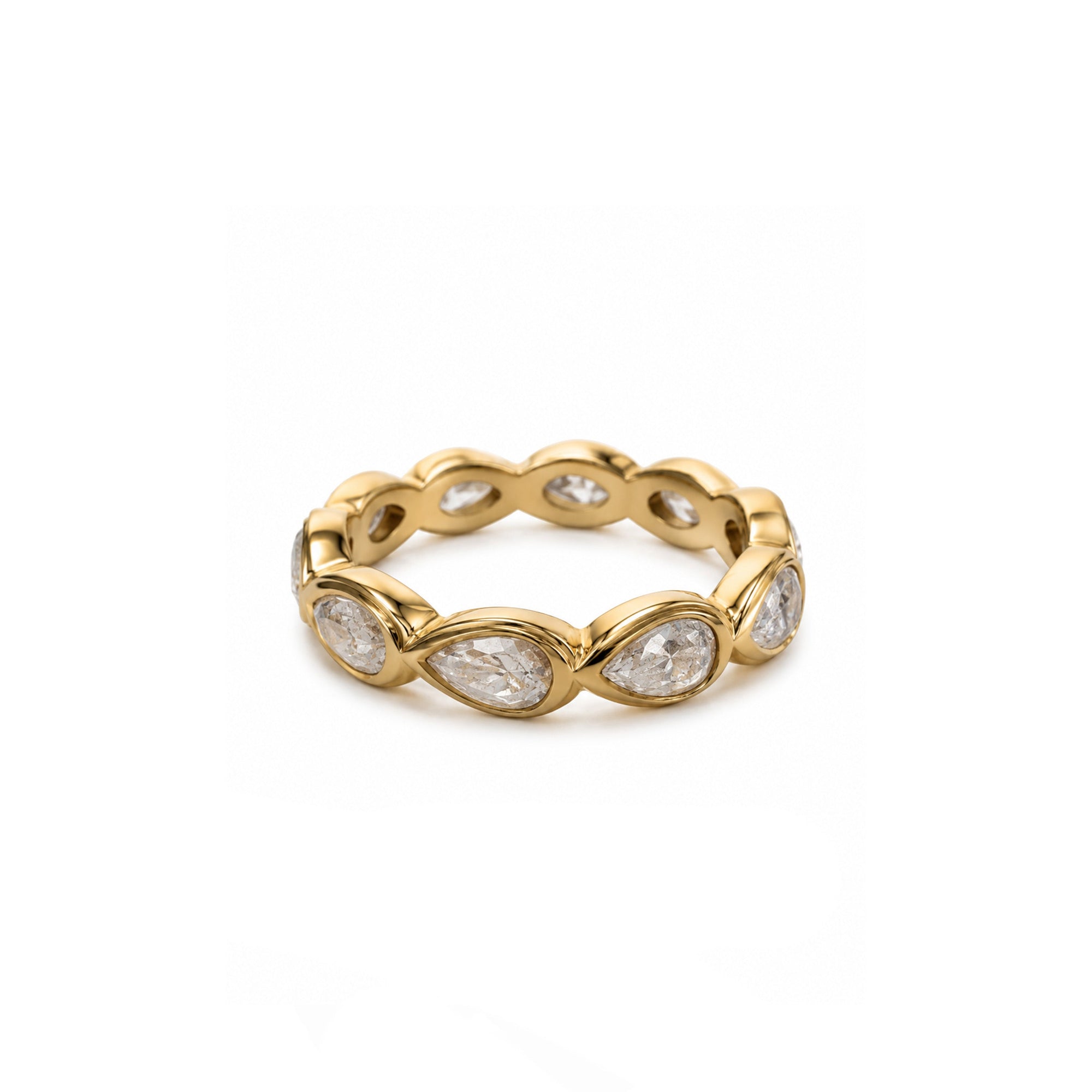 Gold ring with embedded diamonds on a white background