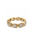 Gold ring with embedded diamonds on a white background