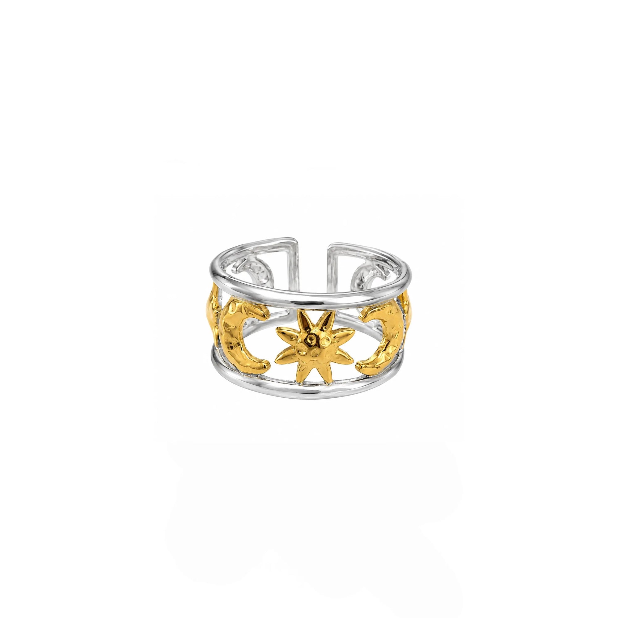 A silver-toned adjustable ring with gold-toned celestial details, including a central sun and crescent moons, shown on a plain white background.