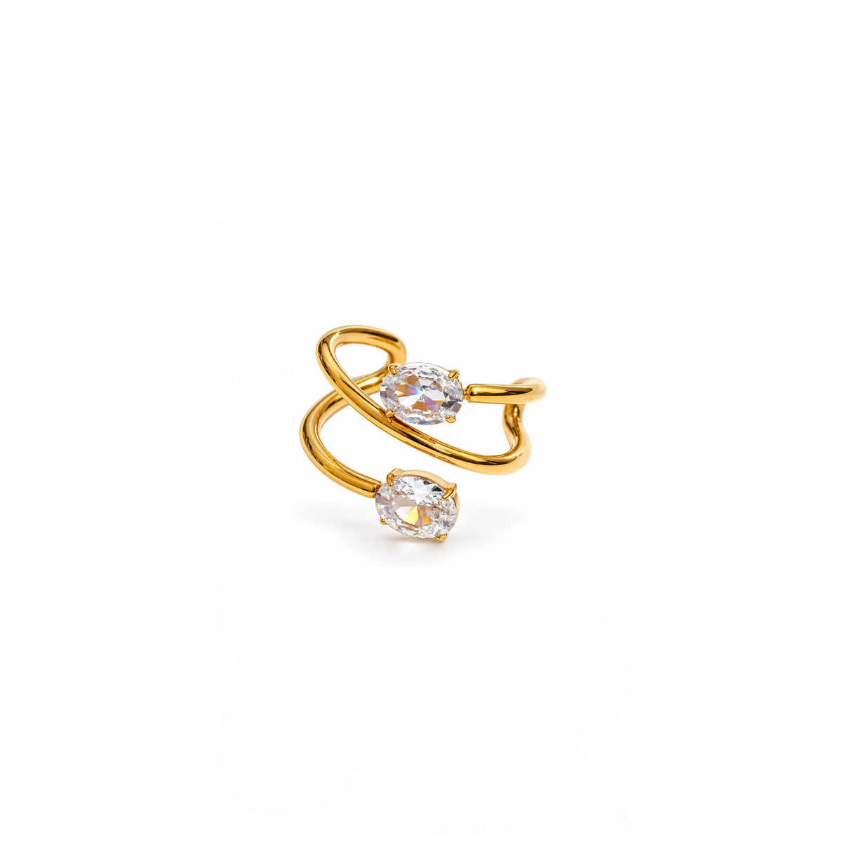 A gold-plated double-hoop earring with two bezel-set oval clear crystals, shown on a solid white background.