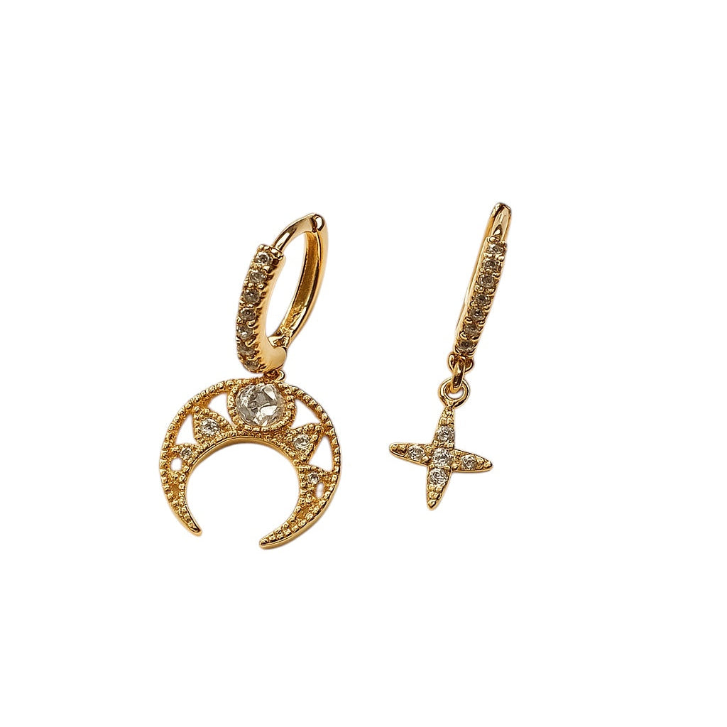 Gold hoop earrings with crescent moon and star designs on a white background