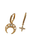 Gold hoop earrings with crescent moon and star designs on a white background