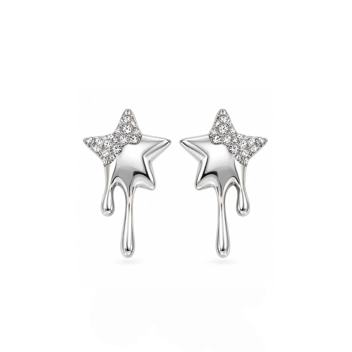 A pair of silver star-shaped stud earrings with a dripping design and small clear stones on the star points, shown on a plain white background.