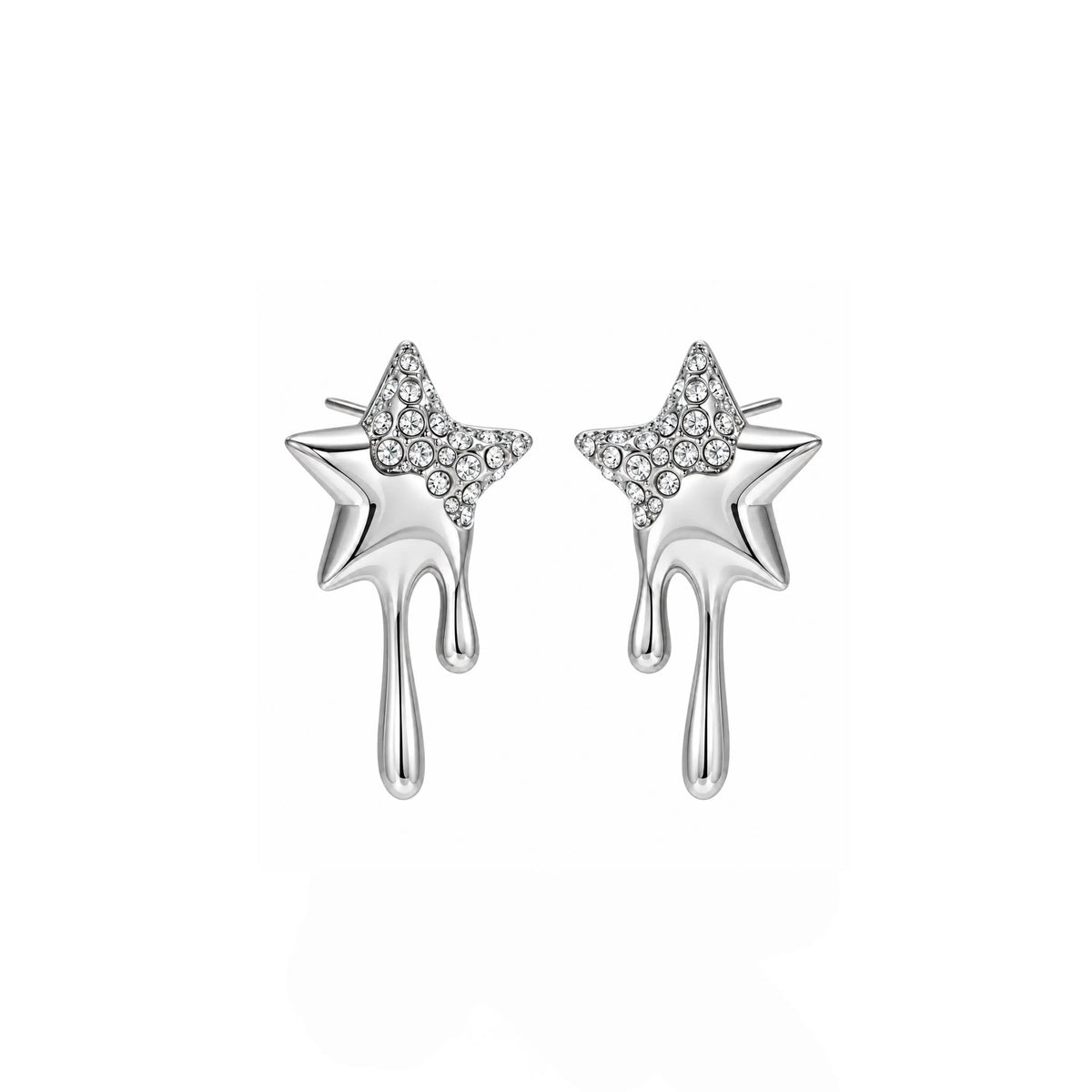 A pair of silver star-shaped drop earrings with clear pavé stones on the upper points, shown on a plain white background.