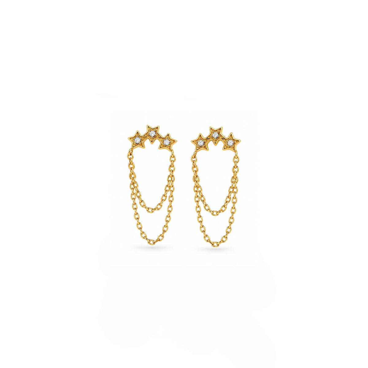 A pair of gold dangle earrings with star-shaped studs and double draped chain drops, shown on a plain white background.