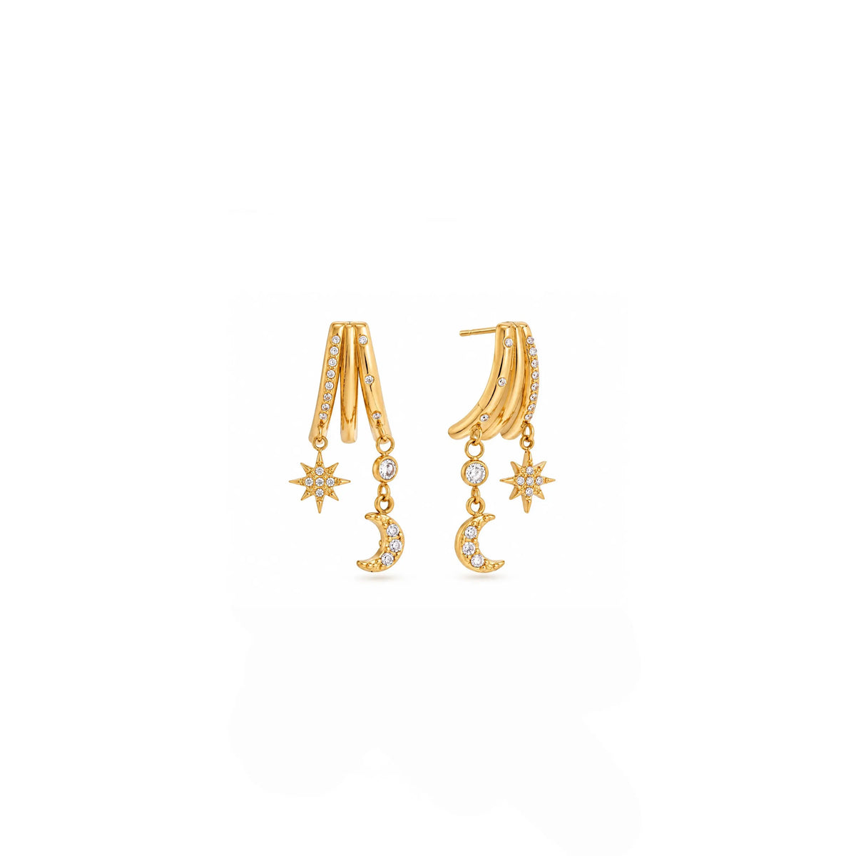 A pair of gold crescent moon and star dangle earrings with small clear gemstone accents, shown on a plain white background.