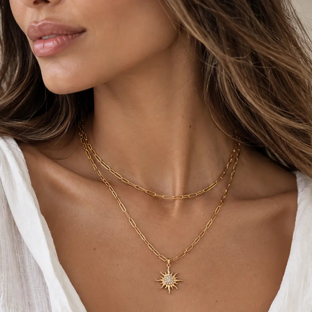 Sabine Luxe 18k Gold Plated Crystal Sunburst Double Layer Necklace Luxe Tones