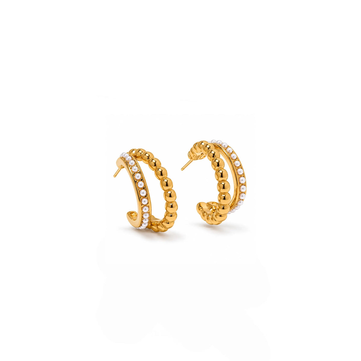 A pair of gold hoop earrings with textured beaded detailing and rows of small clear stones, shown on a clean white background.