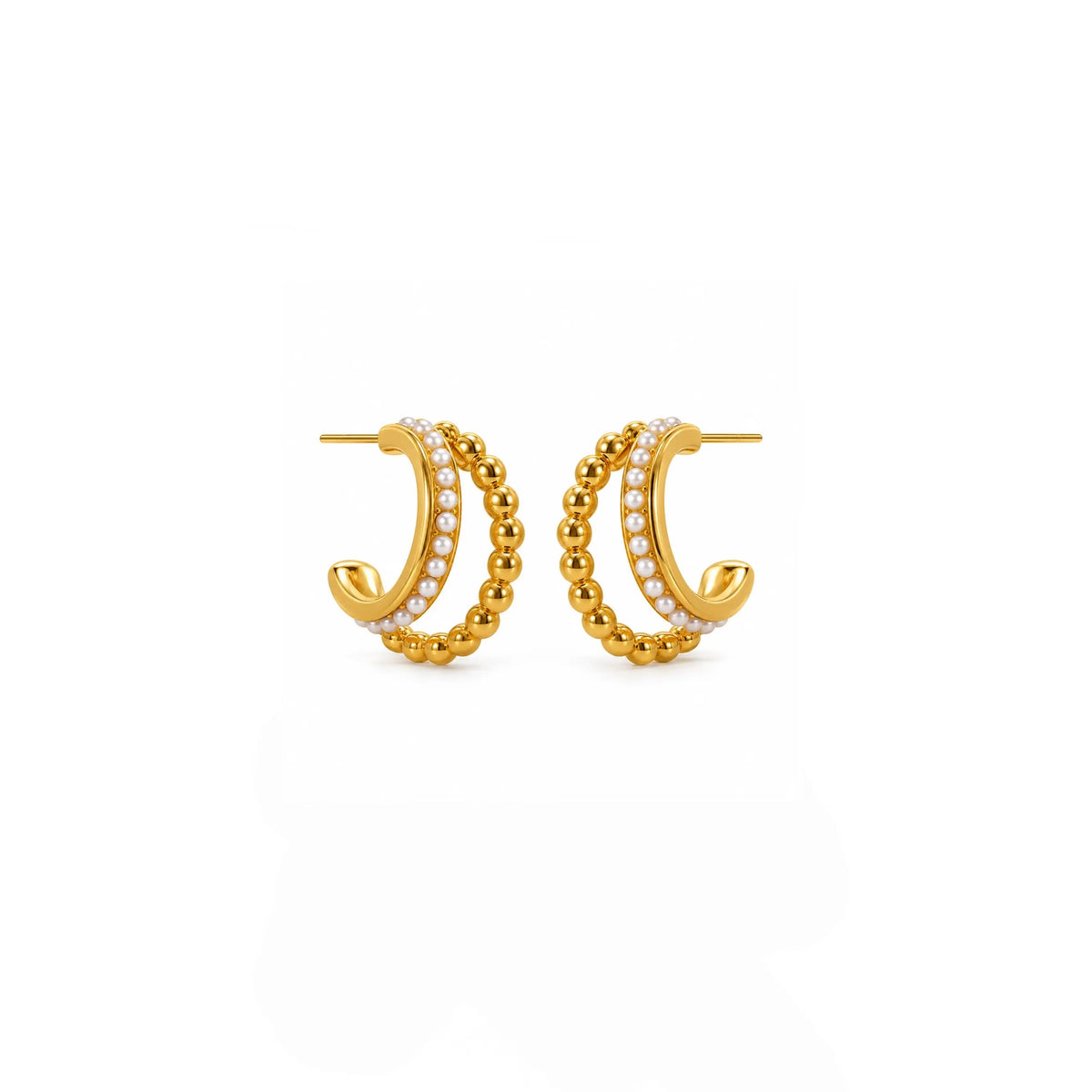 A pair of gold huggie hoop earrings with rows of small white stones, shown on a plain white background.