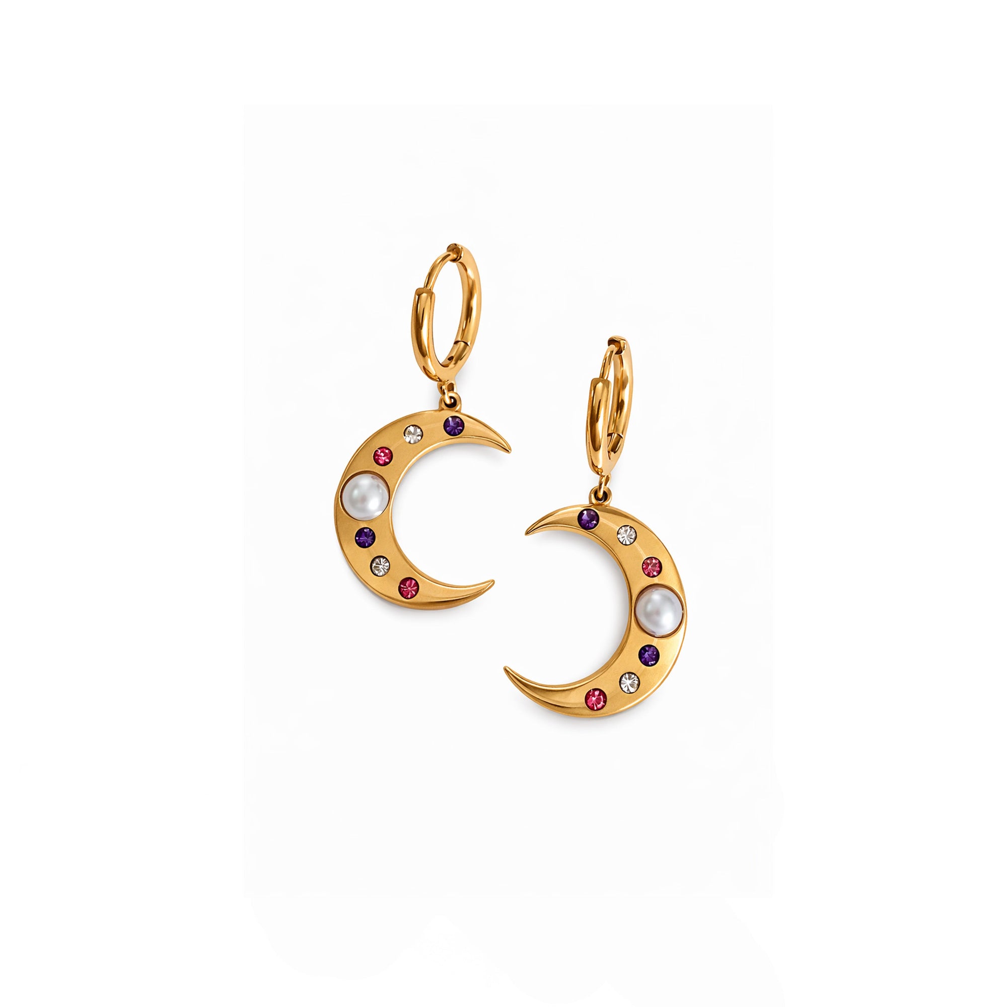 Gold moon-shaped earrings with colorful gemstones on a white background
