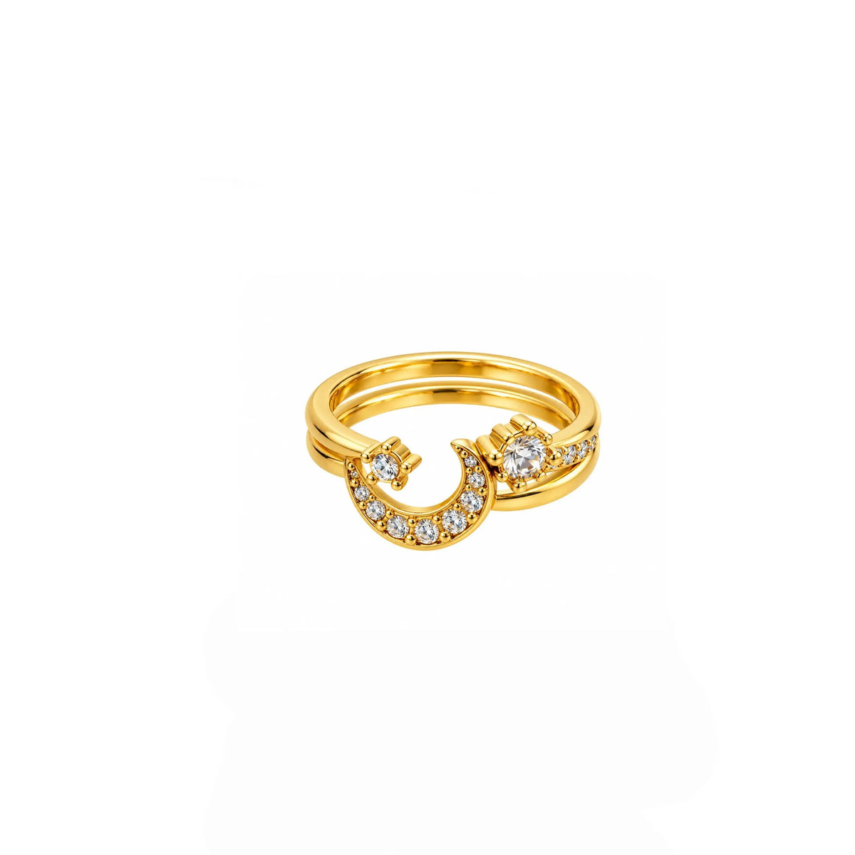 A gold crescent moon ring with small clear pavé stones, featuring two crescent shapes that meet at the center, shown on a plain white background.