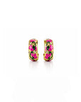 Gold hoop earrings with pink floral design on a white background