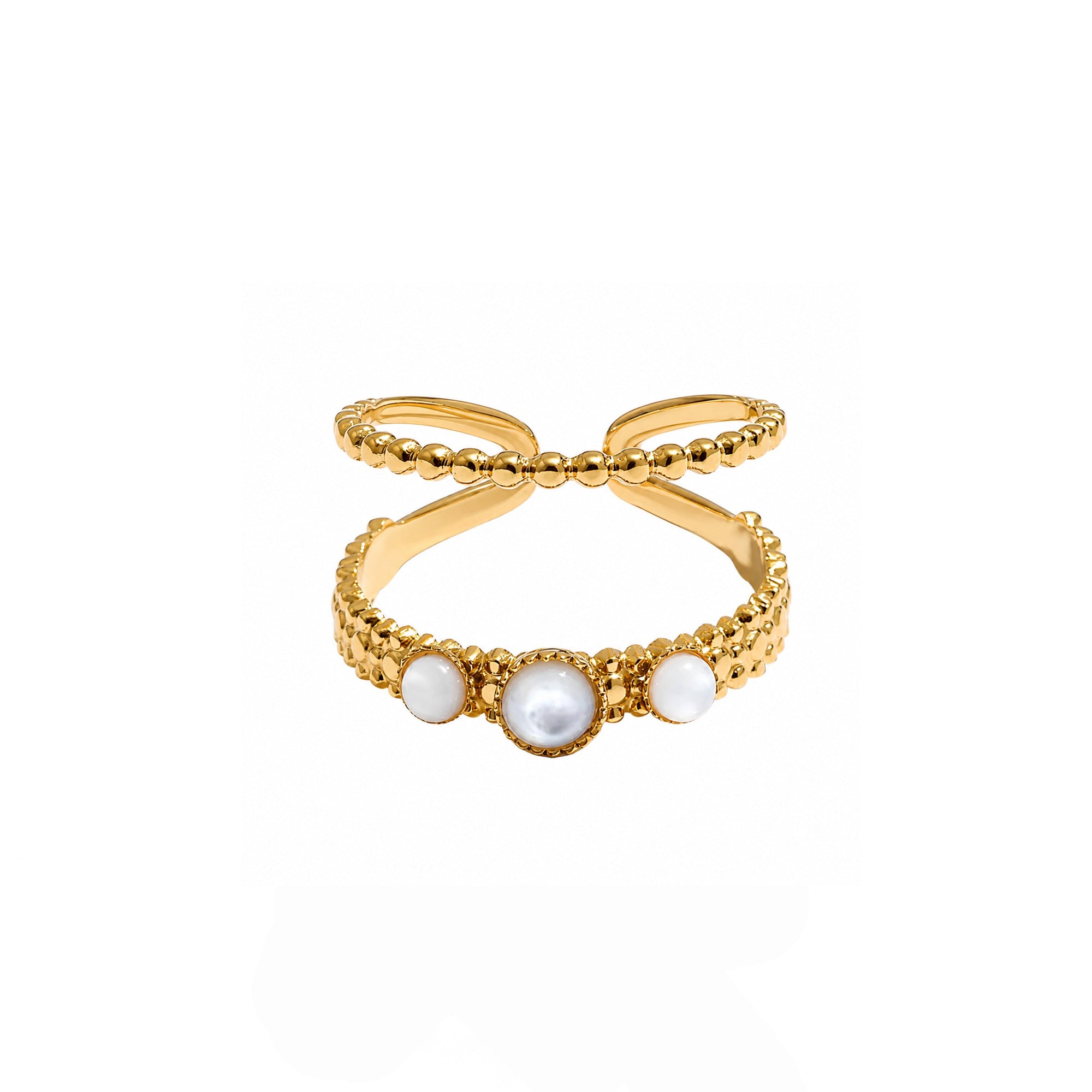 A gold ring with three white pearls set in a textured bezel, featuring a bow-shaped top band, shown on a plain white background.