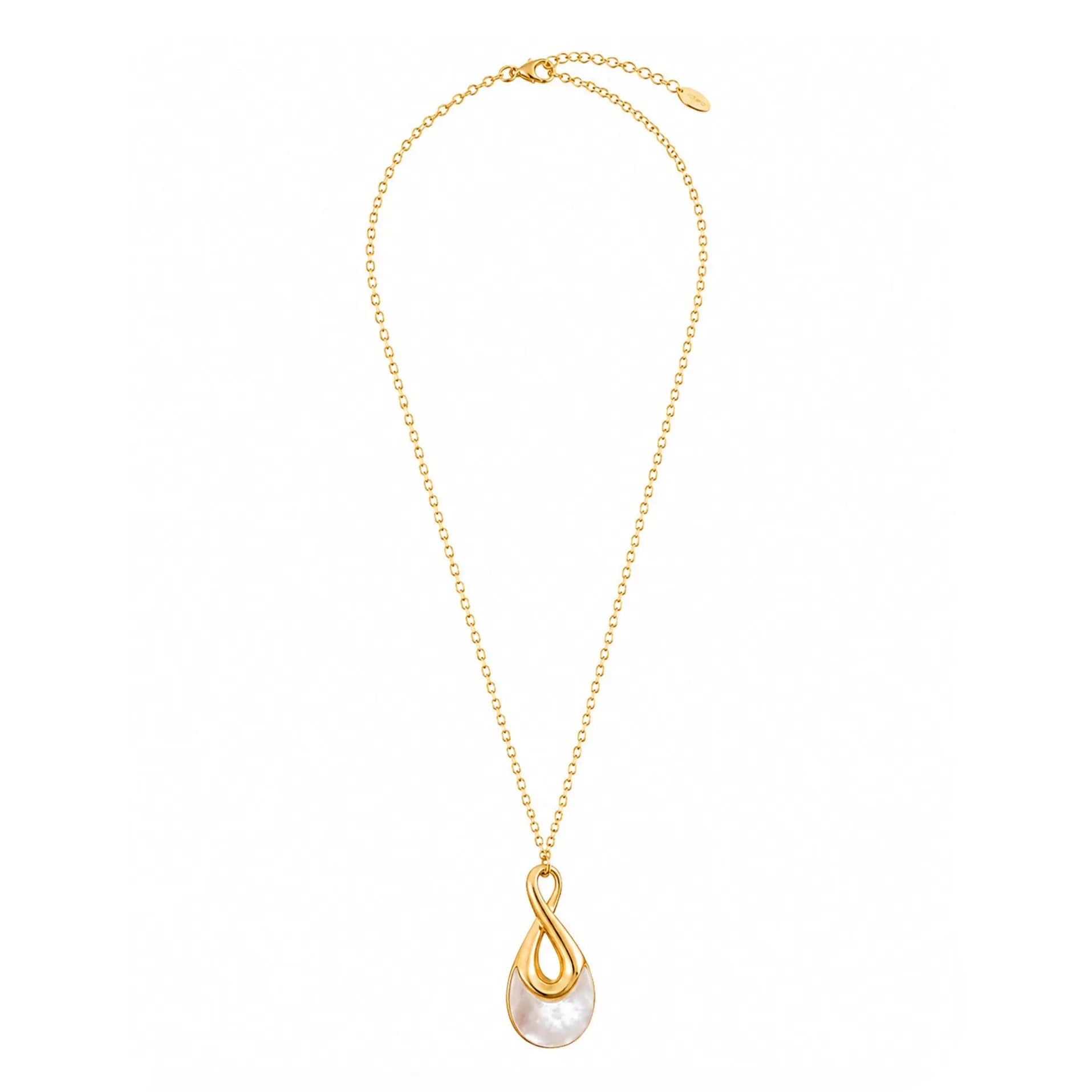 A delicate gold chain necklace featuring a teardrop-shaped pendant with a white pearl-like center and gold accents, displayed on a clean white background.
