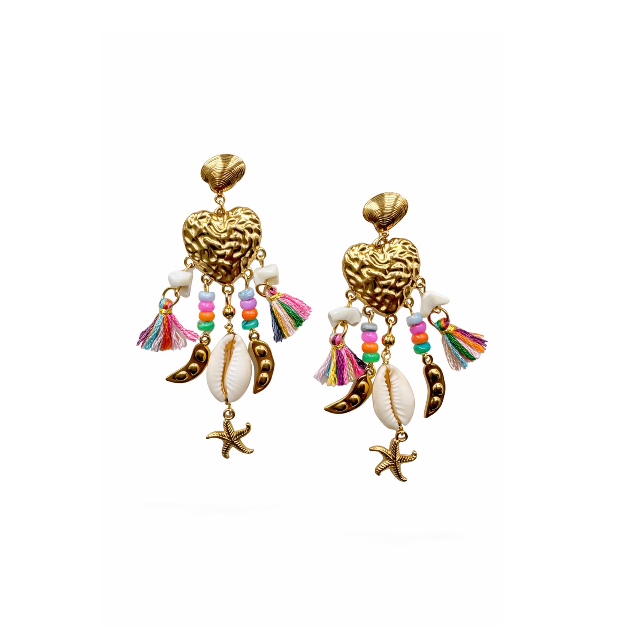 Pair of gold earrings with colorful beads and shell elements on a white background