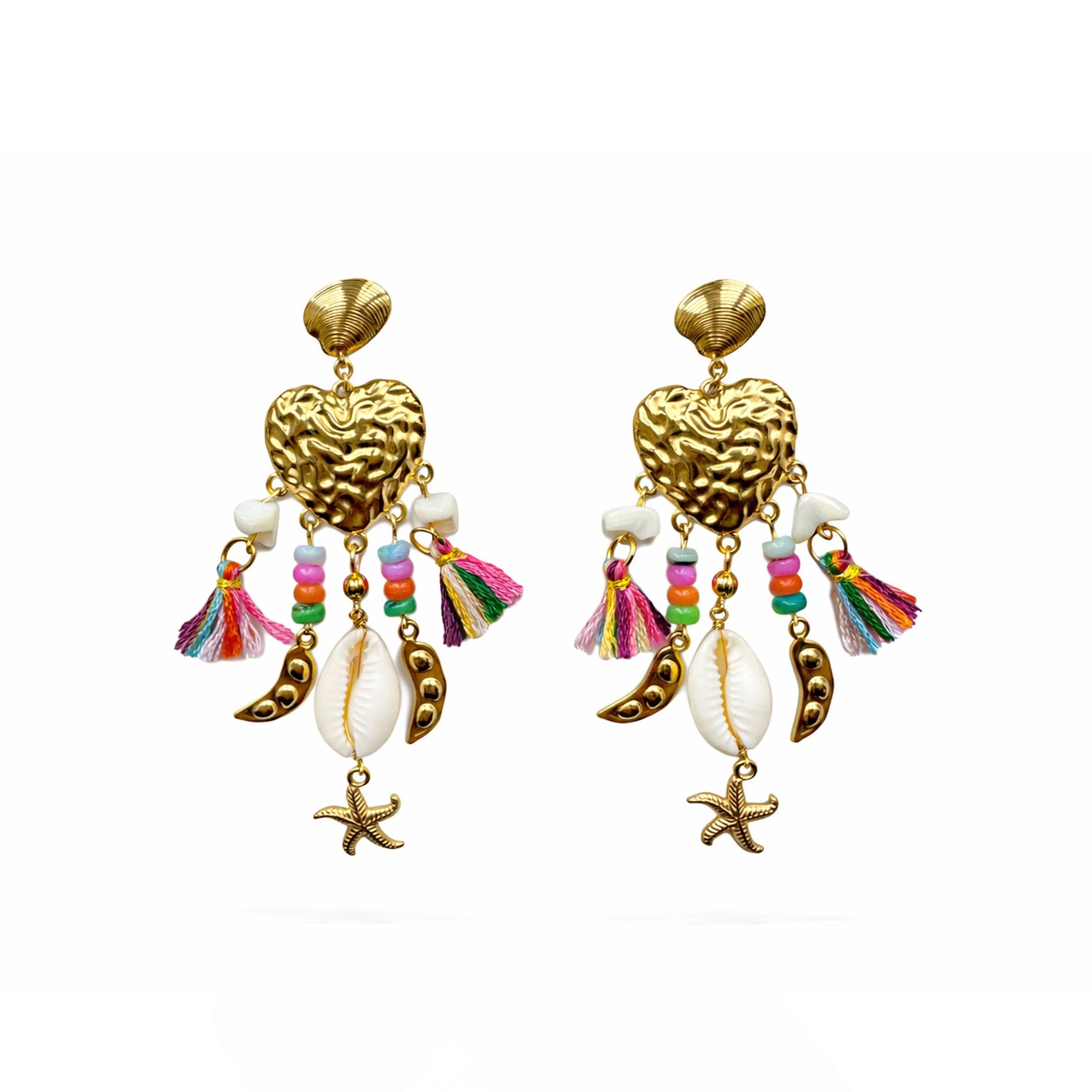 Pair of gold earrings with colorful tassels and starfish on a white background