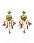Pair of gold earrings with colorful tassels and starfish on a white background
